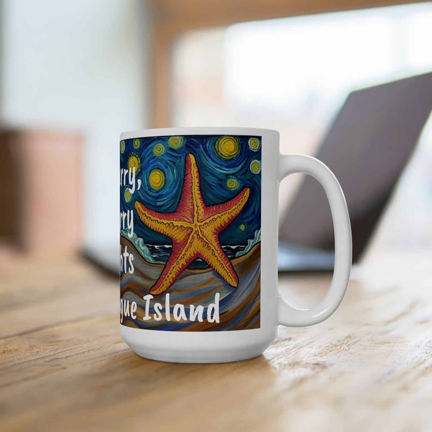 Starry, Starry Nights on Chincoteague Island mug on desk left side view